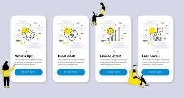 5g wifi, Star, Euler diyagram simgeleri gibi iş simgeleri. İnsanlarla UI telefon uygulaması ekranları. Liderlik çizgisi sembolleri. Kablosuz sinyal, müşteri geri bildirimi, ilişki çizelgesi. Vektör