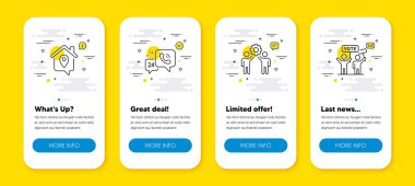Vector set of Work Home, 24 saat hizmet ve çalışanların takım çalışması simgeleri ayarlandı. Satır simgeli UI telefon uygulaması ekranları. Seçim kampanyası ikonu. Dış kaynak işi, çağrı desteği, işbirliği. Vektör