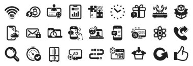 Paketleme kutuları, 5g wifi, Seo adblock simgeleri gibi bir dizi teknoloji simgesi. Bitcoin 'i yenile, çevrimiçi kimya, tabelaları al. Paylaşım çağrısı, hızlı tüyolar, çağrı merkezi. Rapor belgesi, Wifi. Vektör