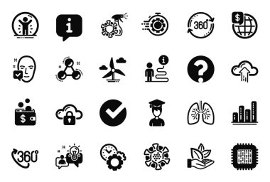 Seo zamanlayıcı, dünya parası ve fikir simgeleriyle ilgili bir dizi bilim simgesi. Yüz kabul edildi, zaman yönetimi ve tam dönüş işaretleri. Bulut yükleme, soru işareti ve işlemci. Ciğerler. Vektör