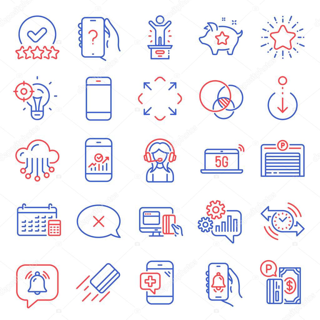 Technology icons set. Included icon as Rating stars, Winner podium, Euler diagram signs. Maximize, Ask question, Support symbols. Bell alert, Credit card, Parking garage. Cloud storage. Vector
