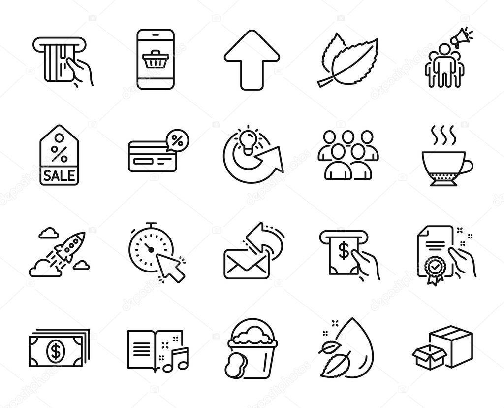 Vector set of Packing boxes, Group and Sponge line icons set. Banking, Sale coupon and Smartphone buying icons. Certificate, Timer and Startup rocket signs. Packing boxes web symbol. Vector