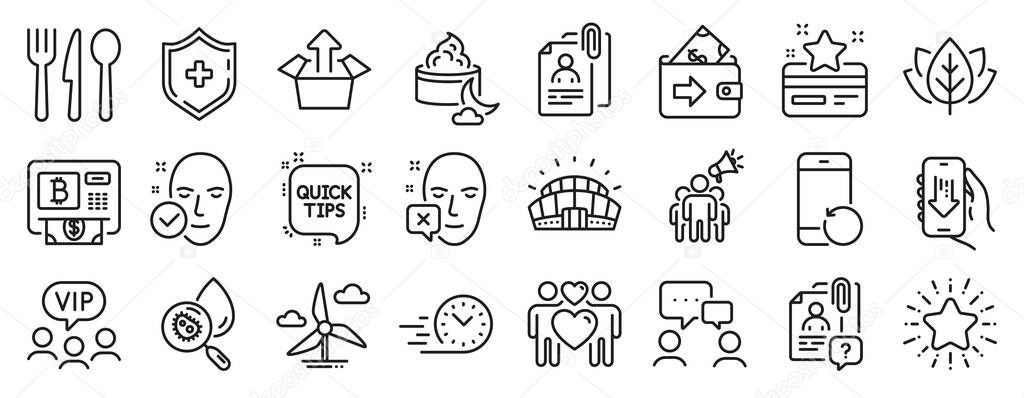 Set of Business icons, such as Recovery phone, Loyalty card, Wallet icons. Quick tips, Face declined, Brand ambassador signs. Sports stadium, Windmill turbine, Food. Night cream, Star. Vector