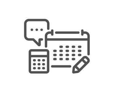 Muhasebe takvimi simgesi. Yıllık rapor işaretini hesapla. Konuşma balonu sembolü. Kalite tasarım elemanı. Doğrusal hesap simgesi. Düzenlenebilir felç. Vektör