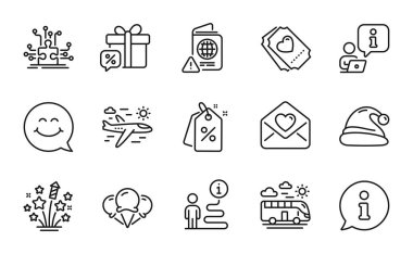 Tatil simgeleri ayarlandı. Dondurma, aşk bileti, aşk harfi işareti olarak ikonu da içeriyor. Havai fişek yıldızları, Noel Baba şapkası, uçak seyahat sembolleri. İndirimli etiketler, bulmaca seçenekleri, indirimli hediye. Gülen surat. Vektör