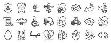 Face, hava durumu termometresi, diş sigortası ikonları gibi sağlık hizmetleri ikonları. Dumbbell, organik testler, denge işaretleri. Termometre, konjonktivit göz, miyop. Temiz cilt. Vektör