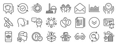 Satır simgeleri, Mail, Safe water, Cooking hat simgeleri gibi. Kimya pipeti, Seo alışverişi, akıllı telefon satın alma tabelaları. Evrak kutusu, güvenli zaman, güvenlik onaylandı. Seo timer, yüz tanımlama. Vektör