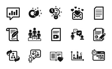 Video dosyasının vektör kümesi, Kopyalama ve Tüy simgeleri basit kümesi. Aşk postası, teknik algoritma ve hızlı ipuçları simgeleri. Analitik sohbet, iş podyumu ve boya fırçası tabelaları. Vektör