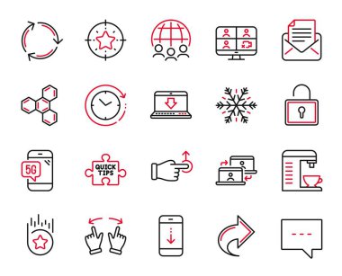 Vector Set of Technology icons related to Share, Global business and Loyalty star icons. Lock, Chemical formula and Scroll down signs. 5g phone, Mail correspondence and Drag drop. Blog. Vector clipart