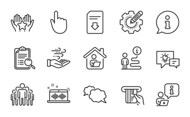 Teknoloji simgeleri ayarlandı. El Tıklama, Sıralama, İş Ev İşaretleri olarak simge dahil. Fikir lambası, arama analizi, kredi kartı sembolleri. Grup, Haberci, ekipmanlar. Dosya indir, Rüzgar enerjisi. Vektör