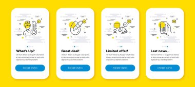 Vektör seti, termometre ve göz damlası çizgi simgeleri ayarlandı. Satır simgeli UI telefon uygulaması ekranları. Uygulama simgesini analiz et. Mahkeme yargıcı, sıcaklık kontrolü, Pipette. Akıllı telefon çizelgeleri. Vektör