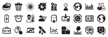 Bar diyagramı, Bilmece, Elastik simgeler gibi bir dizi bilim simgesi. Cogwheel, geri sayım, sertifika işaretleri. Ana kart, termometre, elektrik. Alarm saati, kimya laboratuvarı, Coronavirus. Vektör