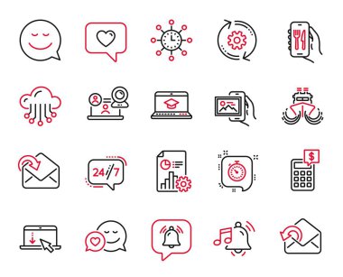 Resim albümü, Aşk mesajı ve Bildirim baloncuğu simgeleriyle ilgili Vector Set of Technology simgeleri. Gemi, Alarm sesi ve posta işaretleri. İnternet sitesi eğitimi, randevu ve rapor. Gülümse. Vektör