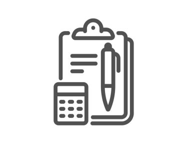 Muhasebe çizgisi simgesi. Pano belgesi işareti. Bütçe sembolünü hesapla. Kalite tasarım elemanı. Doğrusal muhasebe simgesi. Düzenlenebilir felç. Vektör