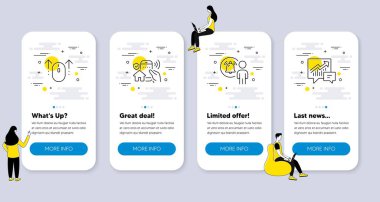 House Security, Swipe up, Kullanıcı Bildirimi simgeleri gibi bir dizi Teknoloji simgesi. İnsanlarla UI telefon uygulaması ekranları. Muhasebe çizgisi sembolleri. Akıllı ev, kaydırma sayfası, insanların ilgisi. Vektör