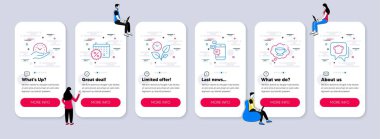 Takvim indirimleri, Yapraklar ve Kahve fincanı ikonlarıyla ilgili iş simgeleri. Takım çalışmalı UI telefon uygulaması ekranları. Güvenli zaman, İletişim ve Yemek pişirme şapka hattı sembolleri. Vektör