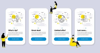 Magistra Mahkemesi, Arama Görevlisi, Posta simgeleri gibi eğitim simgeleri. İnsanlarla UI telefon uygulaması ekranları. Onaylanmış çizgi sembolleri. İnternet muhakemesi, adaylara sorular, e-posta. Vektör