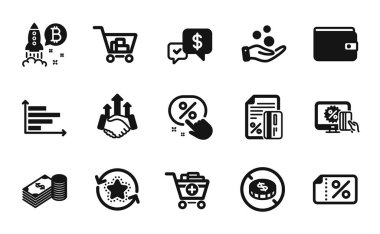 Para cüzdanı vektör seti, İndirim düğmesi ve indirimli pankart simgeleri basit seti. Sadakat noktaları, Bitcoin projesi ve internet alışveriş ikonları. Ürün, bağış parası ve tasarruf tabelaları ekle. Vektör