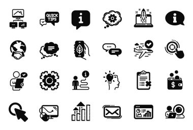 Bilgisayar faresi, küresel iş dünyası ve fikir simgeleriyle ilgili bir dizi teknoloji simgesi. Video konferansı, Reddetme listesi ve Seo vites tabelaları. Seo hedef, işe başla ve evde çalış. Vektör