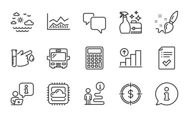 İş simgeleri ayarlandı. Onaylanmış kontrol listesi olarak simge, ticari bilgi tablosu, dolar hedef işaretleri dahil edildi. Konuşma balonu, seyahat denizi, hesap makinesi sembolleri. Boya fırçası, kan bağışı, otobüs. Grafik çizelgesi. Vektör