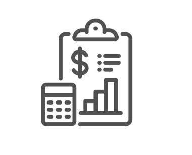 Rapor satırı simgesi. Muhasebe panosu belge imzası. Bütçe bilgisi sembolü. Kalite tasarım elemanı. Doğrusal biçim rapor simgesi. Düzenlenebilir felç. Vektör