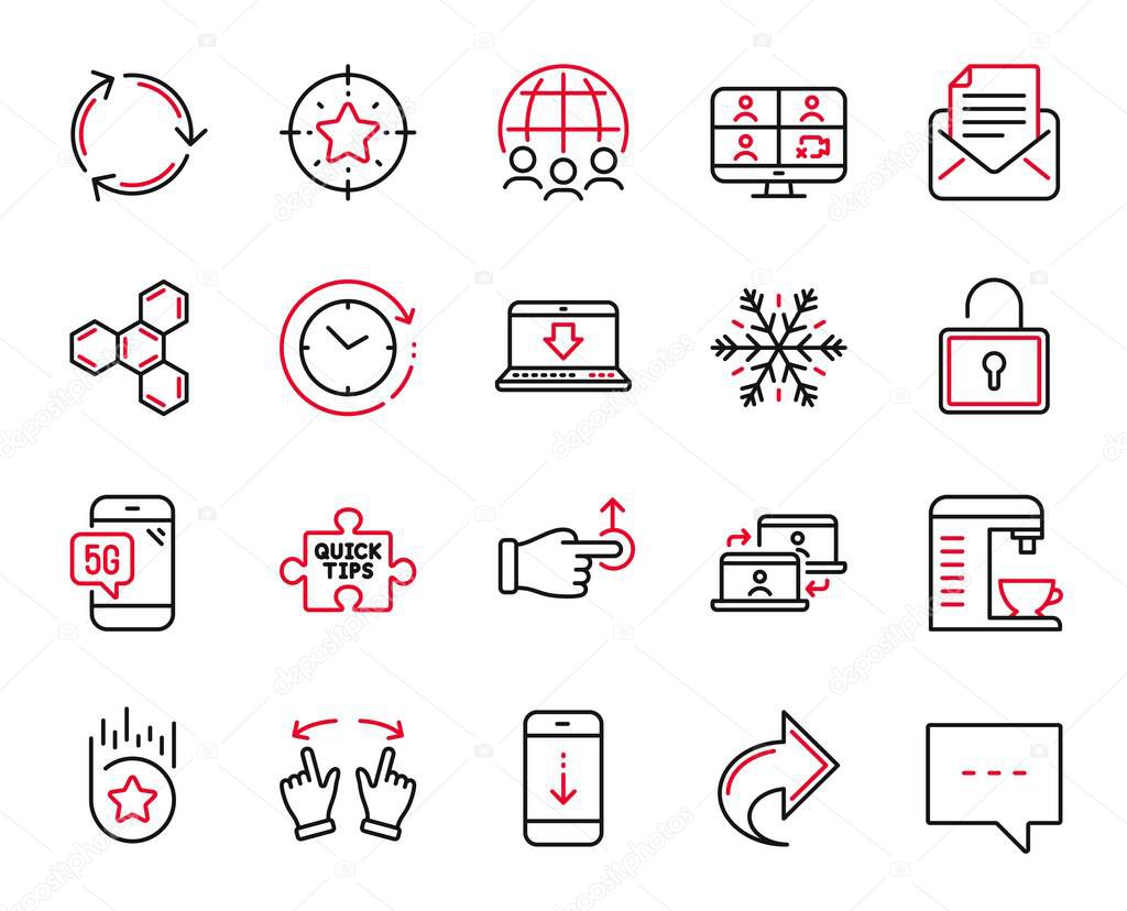 Vector Set of Technology icons related to Share, Global business and Loyalty star icons. Lock, Chemical formula and Scroll down signs. 5g phone, Mail correspondence and Drag drop. Blog. Vector