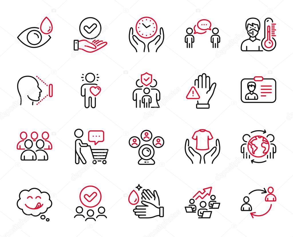 Vector Set of People icons related to Approved checkbox, Dont touch and Thermometer icons. Safe time, Identification card and Face id signs. Consulting business, Teamwork chart and Friend. Vector