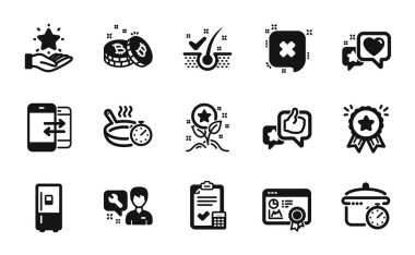 Vector set of Like, Tamirci ve Buzdolabı ikonları basit set. Hesap listesi, Kalp ve Seo sertifika simgeleri. Reddet, telefon iletişimi ve sadakat programı işaretleri. Vektör