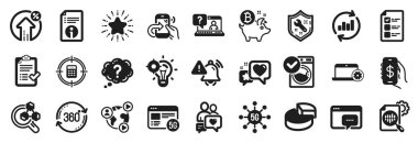 Paylaşım çağrısı, Dikkat Çanı, Video konferans simgeleri gibi bir dizi teknoloji simgesi. Seo mesajı, Bitcoin para, çamaşır makinesi işaretleri. 5G teknolojisi, Seo fikri, onaylanmış kontrol listesi. İngiliz anahtarı. Vektör