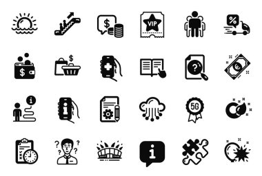 Sağlık uygulaması, yürüyen merdiven ve günbatımı simgeleriyle ilgili iş simgeleri. Balon dartları, satış çantaları ve stadyum işaretleri. Destek danışmanı, boya fırçası ve bilgi uygulaması. Vip bileti. Vektör