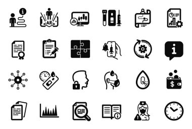 Çoklu kanalla ilgili vektör bilim simgeleri seti alkol, kan ve tükürük testi ikonları yok. Aşı raporu, Çizgi Grafik ve Seyahat Yol İşaretleri. Teknik bilgi, çark ve hasta adam. Vektör