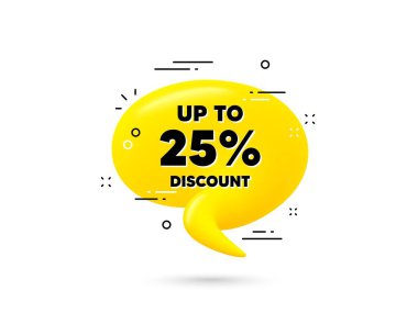 Yüzde 25 'e kadar indirimli. Sarı 3D sohbet balonu. Satılık fiyat tabelası. Özel teklif sembolü. Yüzde 25 tasarruf et. İndirim etiketi çok az konuşma balonu. Mesajlı 3D diyalog balonu. Vektör