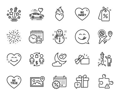 Havai fişek patlaması, Bilmece ve Havai fişek yıldız çizgisi simgeleri ayarlandı. İndirimli etiketler, bulmaca zamanı ve Heart alev ikonları. Kardan Adam, hediyeyi aç ve fotoğraf çek. Vektör