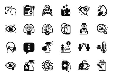 Akciğerler, Sağlık Uygulaması ve Coronavirüs simgeleriyle ilgili bir dizi tıbbi simge. Coronavirus aşısı, elektronik termometre ve temizlik sıvıları. Burun testi, su damlası ve aşı. Vektör