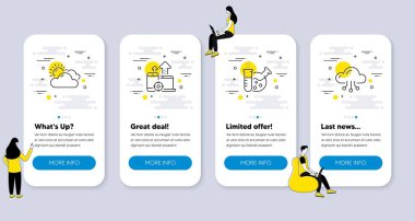 Güneşli hava, Seo cihazları, kimya laboratuarı ikonları gibi iş simgeleri. İnsanlarla UI telefon uygulaması ekranları. Bulut hesaplama çizgisi sembolleri. Summer, mobil istatistikler, laboratuvar. Çevrimiçi depo. Vektör