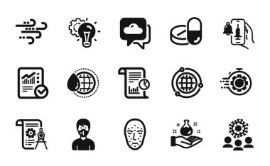 Dünya suyu vektör kümesi, aşı duyurusu ve kontrol edilen hesaplama simgeleri. Rapor, Globe and Divider belge simgeleri. Fikir teçhizatı, Seo zamanlayıcı ve Coronavirus işaretleri. Vektör