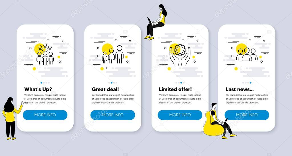 Set of People icons, such as Business hierarchy, Employee hand, Group people icons. UI phone app screens with people. Group line symbols. Organization, Work gear, Business meeting. Vector