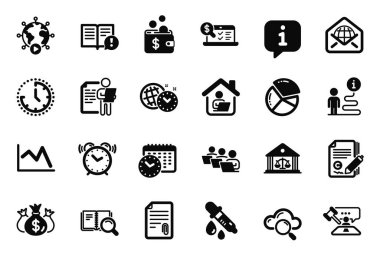 Çevrimiçi muhasebe, Gerçekler ve Bulut bilgisayar simgeleriyle ilgili Eğitim Simgeleri Vektör Kümesi. Takvim zamanı, yatırım ve alarm işaretlerini kontrol et. Bilgi baloncuğu, yolculuk yolu. Vektör