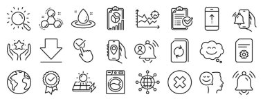 Güneş panelleri, Kapat düğmesi, Kimya molekül simgeleri gibi bir dizi teknoloji simgesi. Bildirim zili, yukarı kaydırma, belge işaretlerini güncelleme. Çalar saat, çamaşır makinesi, indiriliyor. Rapor verin. Vektör