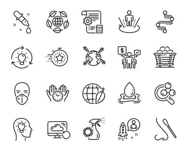 Toparlanma Bulutu 'nun vektör kümesi, Dünya aşısı ve Zamanlayıcı çizgisi simgeleri ayarlandı. Çevre günü, tıbbi maske ve fikir simgeleri. Takım çalışması, burun testi ve zaman çizelgesi. Bulutların iyileşme sembolü. Vektör