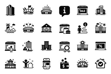 Vector Set of Buildings icons related to Skyscraper buildings, Lighthouse and Marketplace icons. House security, Best market and Market signs. Court building, New house and Arena. Circus. Vector clipart