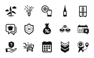 Dondurucu tıkırtı vektör seti, Omuz kayışı ve alışveriş arabası simgeleri basit set. İlham, kredi ve yel değirmeni türbin ikonları. Paket nakliyat, koruma kalkanı ve şampanya tabelaları. Vektör