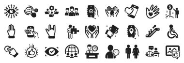 Güvenli su, engelli, kalp simgelerini saklama gibi bir grup insan simgesi. El, gelir parası, mahkeme yargıcı imzası gibi. Takım çalışması, Heart, fotoğraf gibi. Sunum zamanı, Grup, Üç Parmak. Vektör