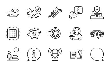 Teknoloji simgeleri ayarlandı. Ürün bilgisi olarak simge, Seo timer, işlemci işaretleri dahil. Hızlı konuşma, konuşma balonu, mikrofon sembolleri. Teslimat servisi, güvenlik ajansı, kredi yüzde yüz. Vektör