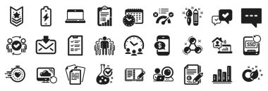 Grafik çizelgesi, günlük, röportaj simgeleri gibi Eğitim simgeleri kümesi. Evde çalışmak, kimya molekülü, geri bildirim işaretleri. Onaylama, video konferansı, buluşma zamanı. Zamanlayıcı, Kontrol Listesi, Grup. Vektör