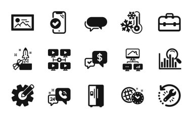 Vector set of Video conference, Time management and Search icons simple set. Portfolio, Messenger and Work home icons. Innovation, Approved phone and 24h service signs. Vector clipart