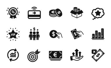 Toplantı, Grafik çizelgesi ve Para kutusu simgelerinin vektör kümesi basit küme. Verileri güncelle, Tasarruf ve Sadakat yıldız simgeleri. Ödeme, indirim ve temassız ödeme tabelaları. Basit bir web sembolü ile tanışmak. Vektör