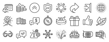 Ödeme, Exit, Image albüm simgeleri gibi İş simgeleri seti. Arena Stadyumu, UV koruması, pusula işaretleri. Hediye kutusu, fitness takvimi, kaydırın. 360 derece, binalar. Vektör