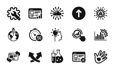 Refresh web sitesi, Sosyal Sorumluluk ve Coronavirüs istatistikleri basit simgeler kümesi. Coronavirus, gümrük ve 5G internet ikonları. Web sitesini tazele basit web sembolü. Vektör