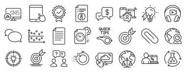 Kulaklıklar, Hedefler, Hızlı Kurtarma simgeleri gibi eğitim simgeleri. Ödeme alındı, video konferansı, fikir tabelaları. Sulh Mahkemesi, Çevrimiçi Eğitim, Proje teslim tarihi. Nokta çizimi. Vektör